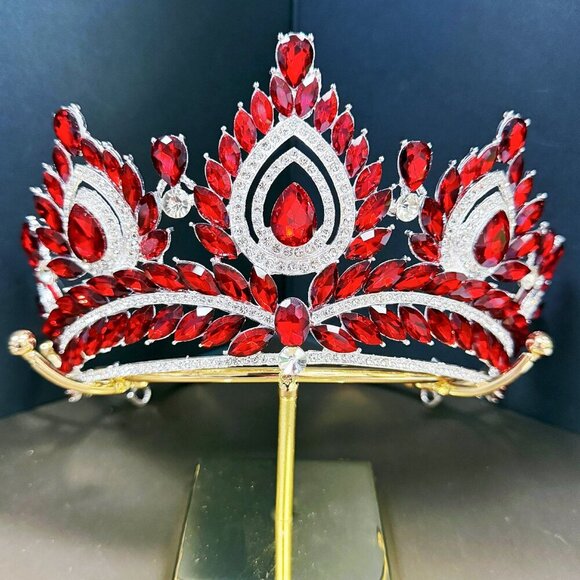 Quinceanera Crown, Ruby Rhinestone Crown, Large Size Crown, Silver Crystal Crown